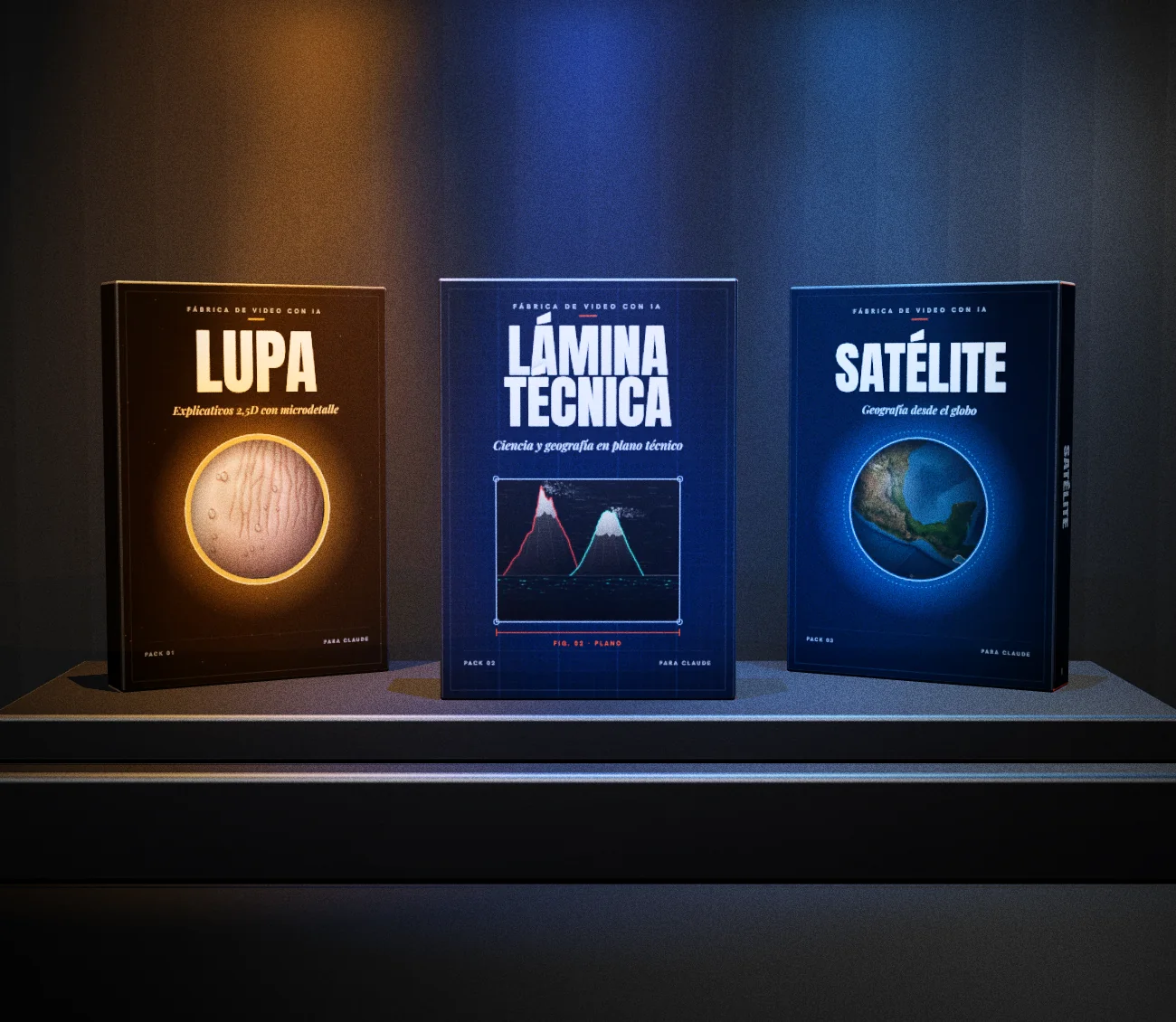 Los tres packs: Lupa, Lámina técnica y Satélite